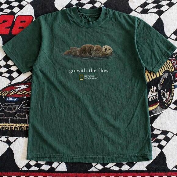 Tops - Gildan Men Green T-Shirt National Geographic Green Otter T-Shirt 1
